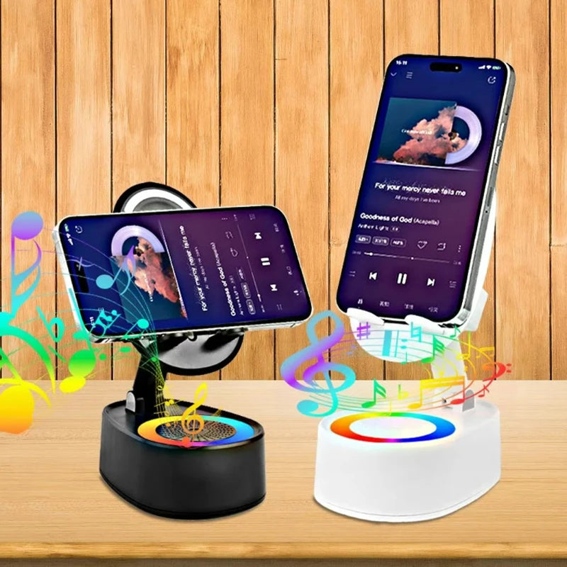 Haut-parleur sans fil avec lumière ambiante colorée 360° Support de téléphone pliable et rotatif et réglable, antidérapant, caisson de basses HDSurround 5.3