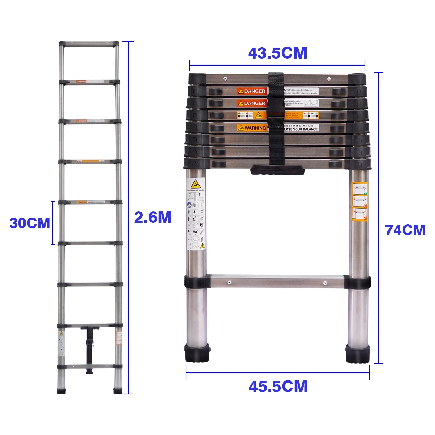 Échelle télescopique extensible en acier polyvalente, pieds coordonnants, EN131, robuste, pliable, loft, toit de grenier, 2.6m-5m