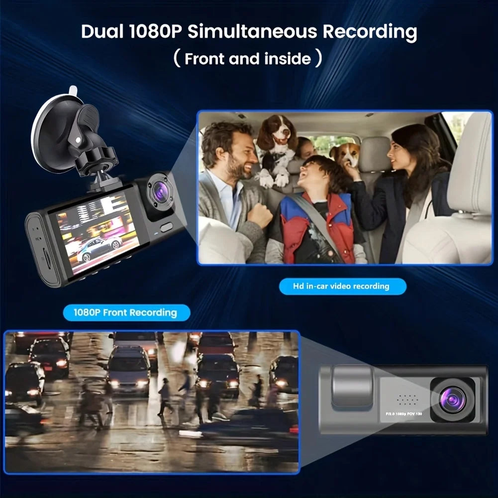 Dashcam Voiture 3 Caméras – HD, Vision Nocturne Simple, Écran 2", Enregistrement en Boucle