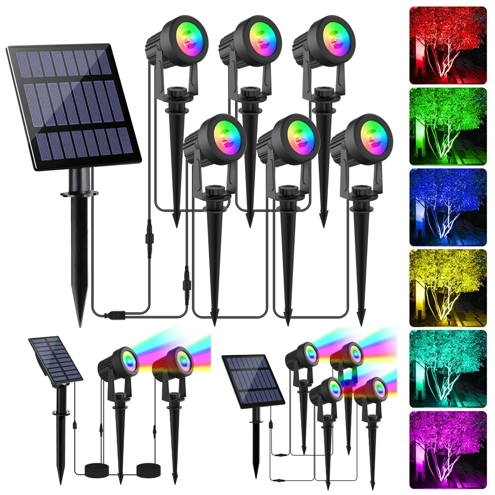 Projecteur solaire LED RGB – 1/2/4/6 lumières, IP65, couleurs cycliques, éclairage décoratif extérieur pour jardin et fêtes