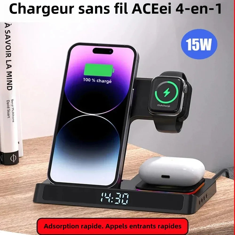Support de chargeur sans fil pliable 4 en 1, pour IPhone 15 14 13 12 pour Apple Watch 9 8 Airpods Pro iWatch, Station de charge rapide