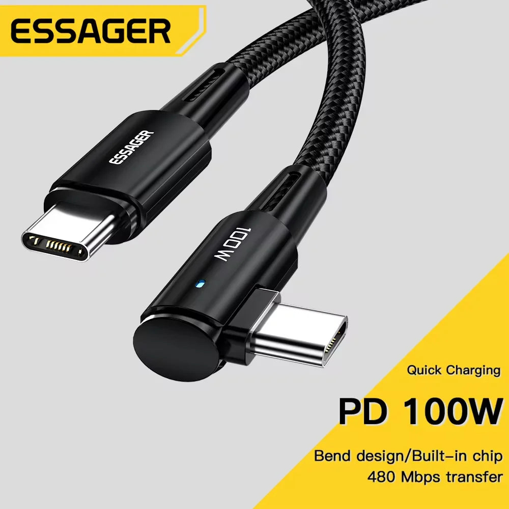 Câble USB Type-C vers USB-C Essager 100 W coudé à 90 degrés pour iPad, MacBook Pro, Xiaomi, Samsung, Huawei, charge rapide, Type-C, Date