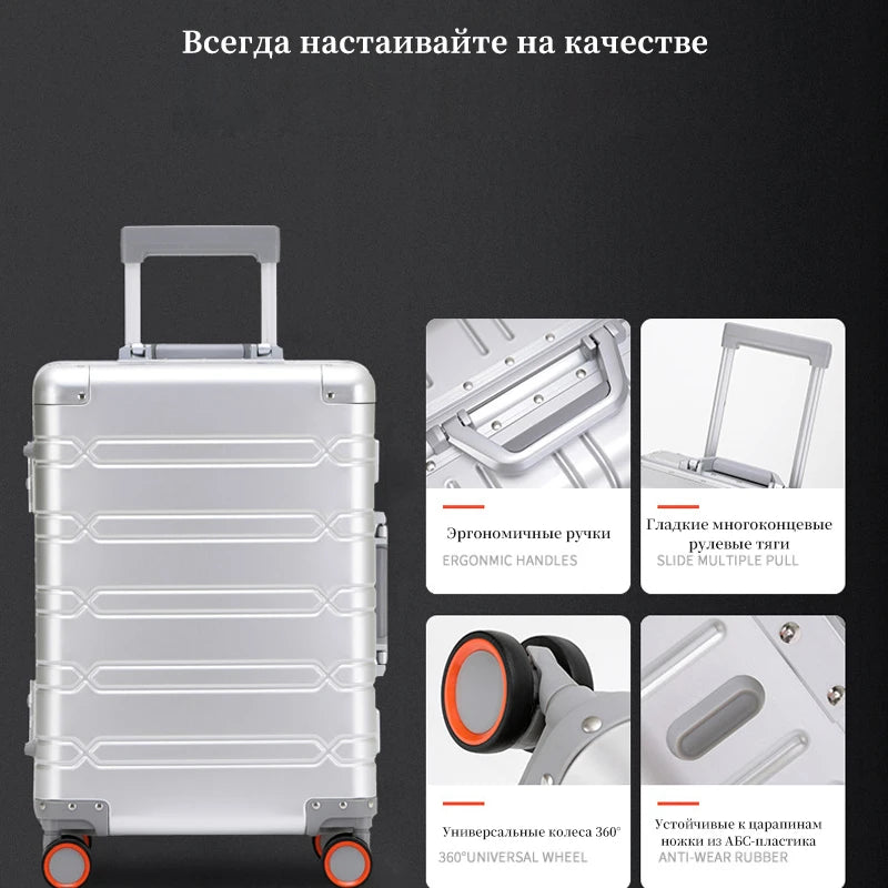 Valise rigide en alliage d’aluminium-magnésium – bagage à roulettes avec serrure à combinaison, 20, 24 et 29 pouces