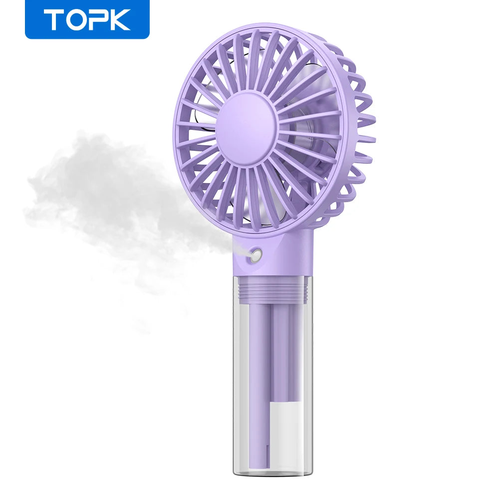 Mini ventilateur portable TOPK avec brumisateur d'eau, capacité de 2000 mAh et fonction d'humidification pour l'été, ventilateur électrique personnel, ventilateurs USB