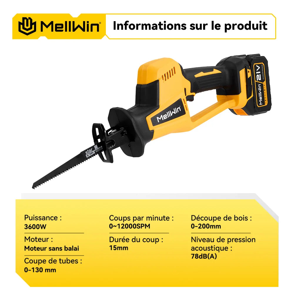 MELLWIN 3600W scie alternative électrique sans brosse outil de scie de coupe de tuyau en bois et en métal pour broche de batterie Makita 18V