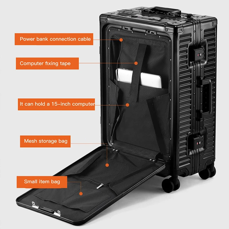 Valise rigide en alliage d’aluminium et de magnésium SUSHIMU – bagage à roulettes avec ouverture avant, 20 et 24 pouces