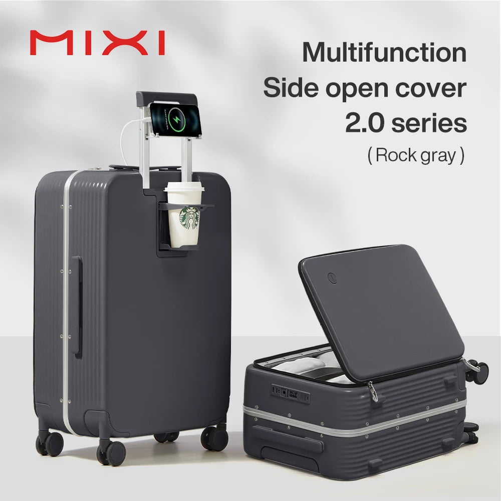 Valise Mixi M9286 – Bagage rigide à roulettes avec cadre aluminium, port USB, porte-gobelet et support téléphone, 20 et 24 pouces