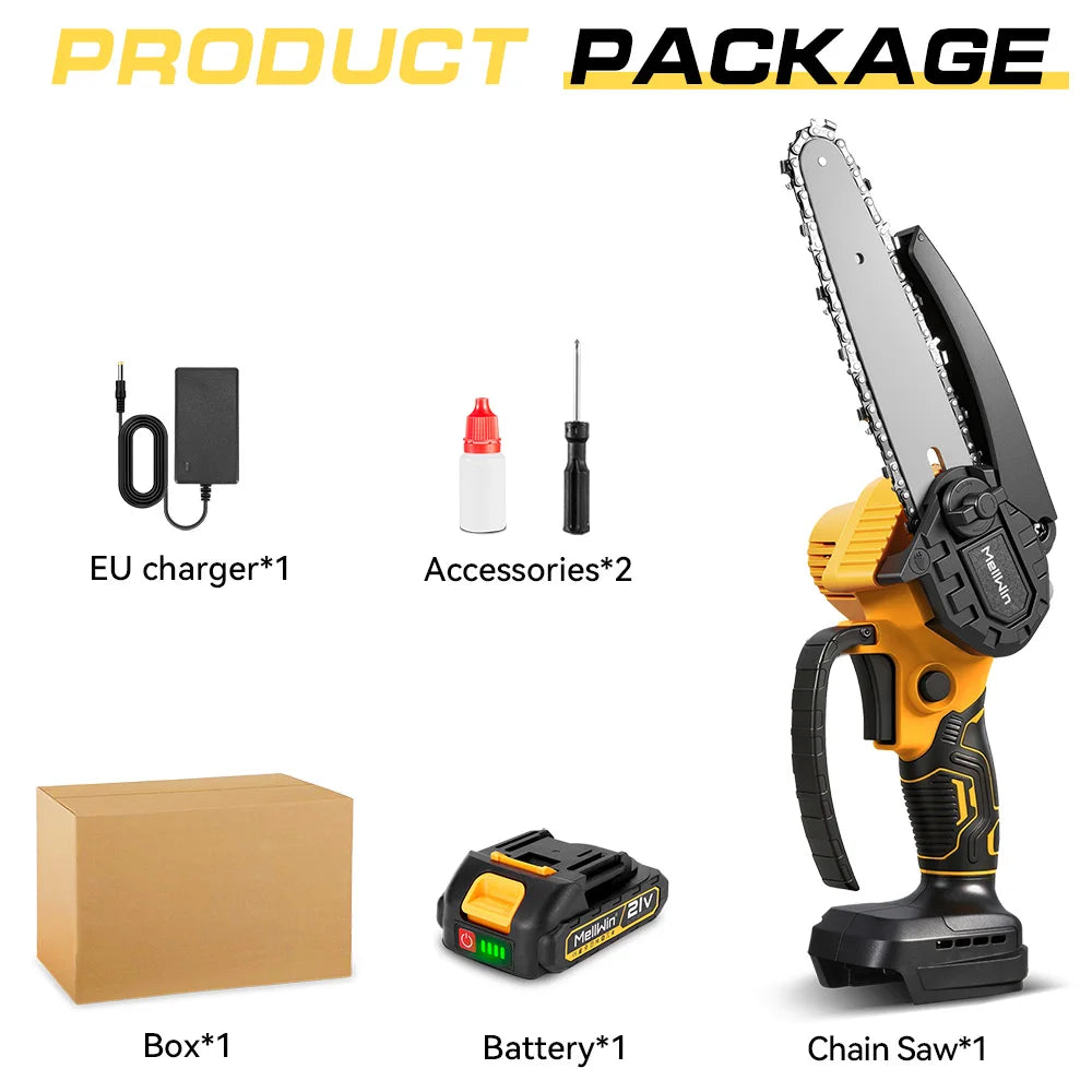 Scie à chaîne électrique MELLWIN 6 pouces – mini scie d’élagage portable, compatible batterie Makita 18 V