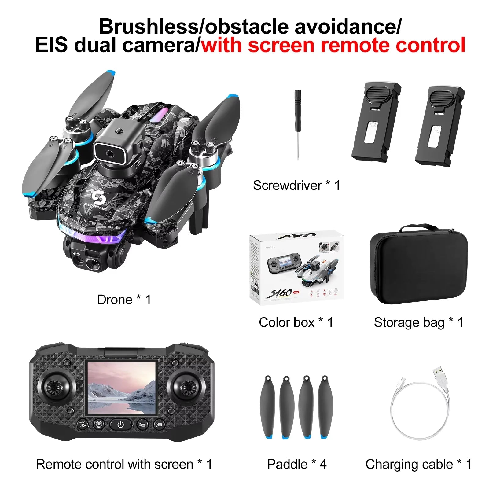 Drone S160 Pro 6K HD EIS – Drone FPV à double caméra avec écran RC, LED colorées, moteur sans balais