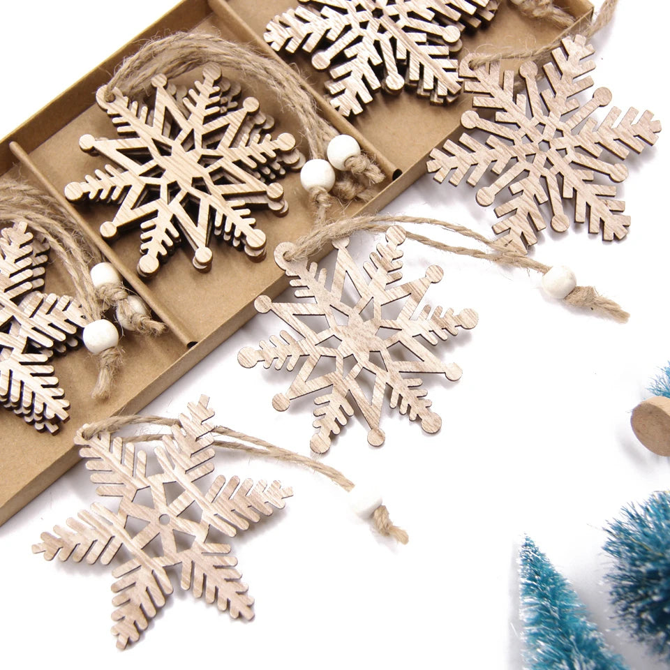 Flocon de neige creux en bois pour Noël, ornements de Noël vintage, décorations d'arbre de Noel, cadeaux, 12 pièces par boîte
