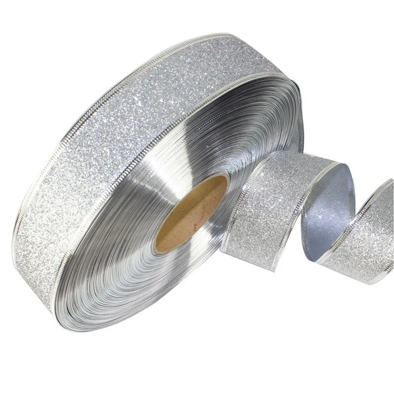 Rubans décoratifs à paillettes de 200cm x 6.3cm, rouge, argent, or, avec fil de fer, pour décoration de noël, nœuds artisanaux