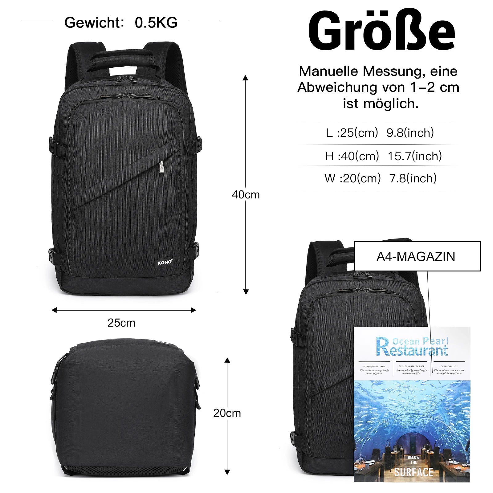 Sac de cabine KONO – 40x20x25 cm pour bagage à main Ryanair, 20L, minimaliste