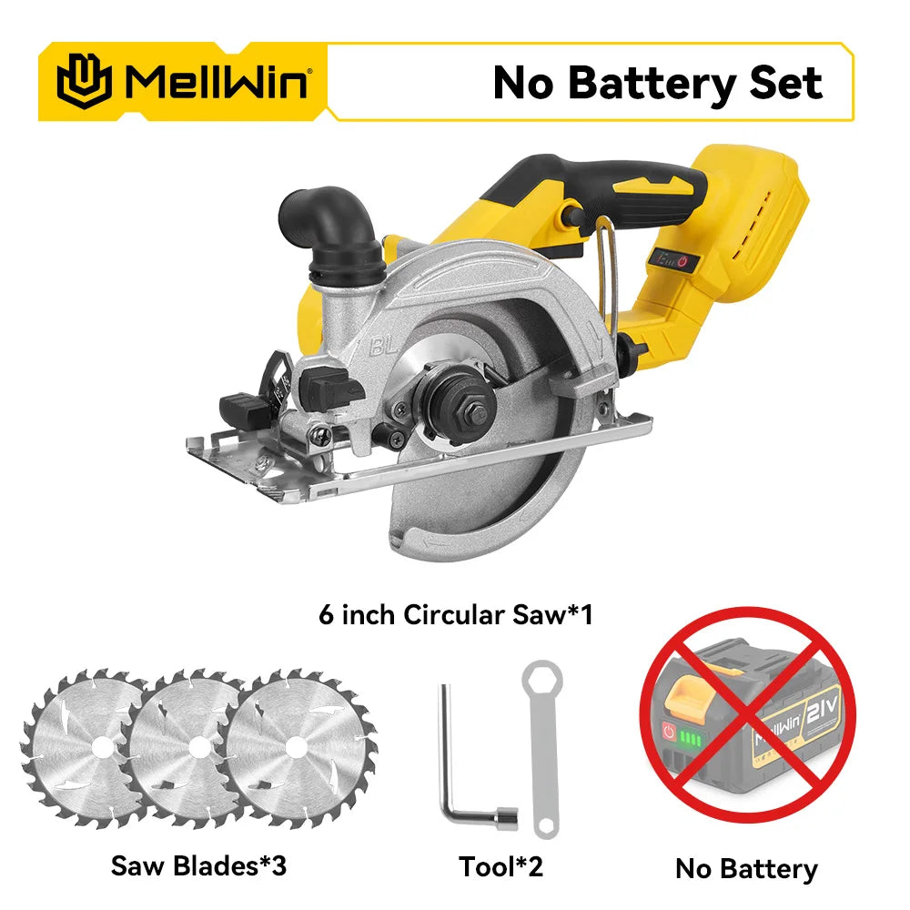 Scie circulaire électrique sans balais MELLWIN 6 pouces (150 mm) – scie portative sans fil pour bois et matériaux divers, compatible batterie Makita 18 V / 21 V