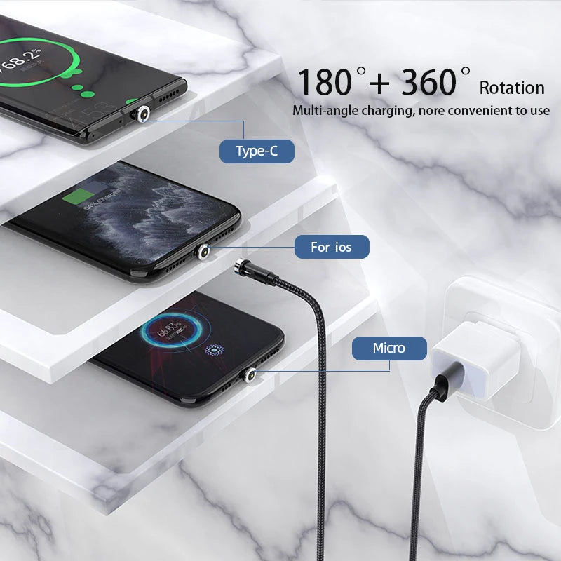 NNBILI 540 ° drehbares magnetisches Micro-USB-Typ-C-Kabel 3A Schnellladedatenkabel für iPhone Xiaomi Mobiltelefon