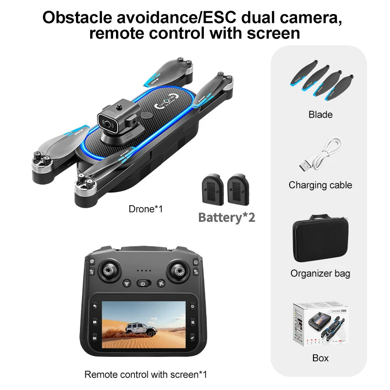 Drone S186 2025 – Double Caméra 8K HD avec Écran, Moteur Sans Balais et Évitement d’Obstacles