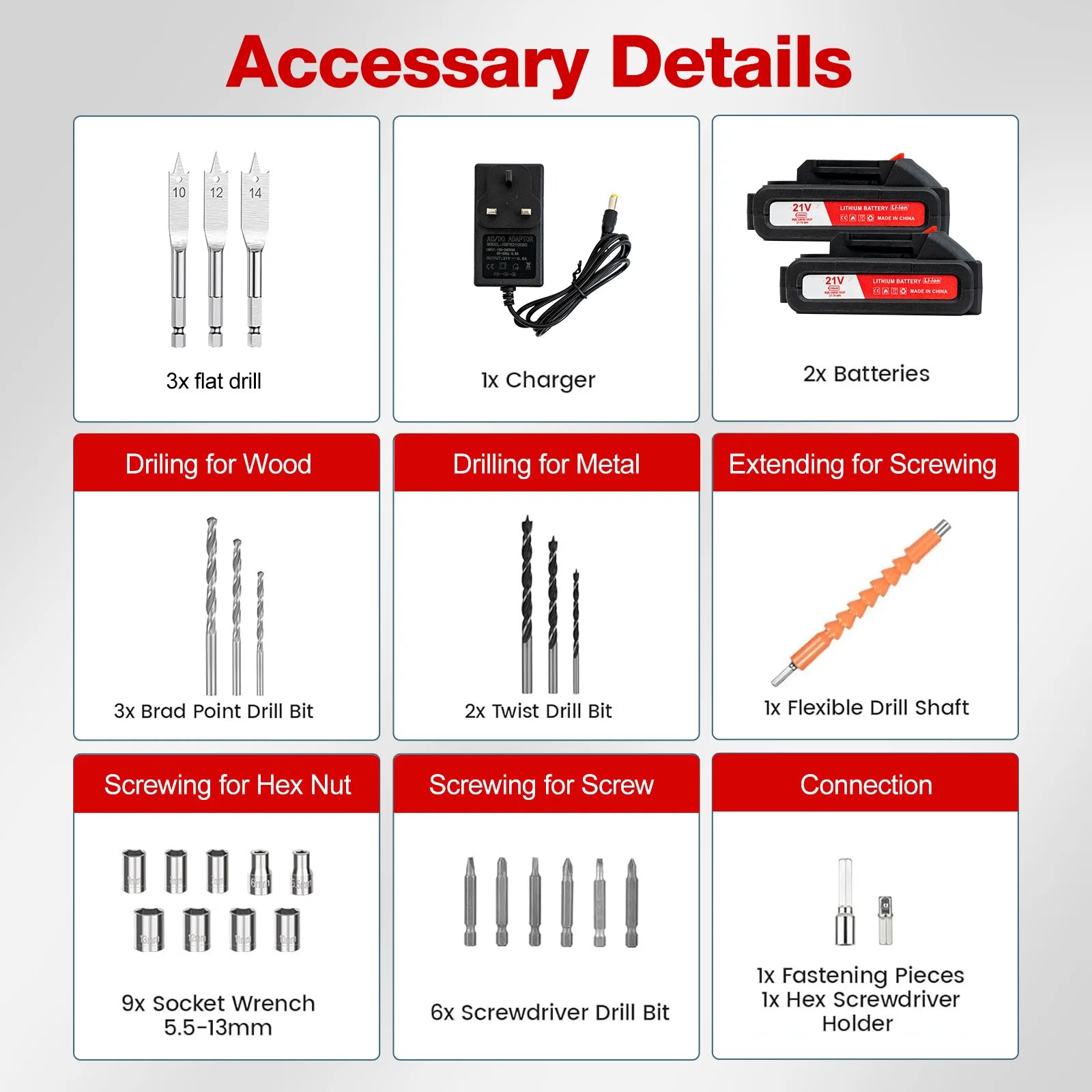 Perceuse/visseuse électrique sans fil avec 2 batteries 21 V, perceuse 42 Nm de couple, 25+1 niveaux de couple, lumière LED, 2 vitesses