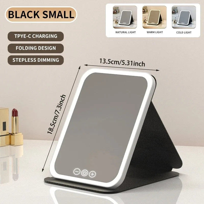 Miroir de Maquillage LED Pliable – 3 Couleurs, Tactile, Rechargeable, Voyage & Maison