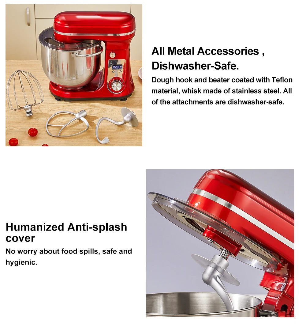 Robot de cuisine électrique BioloMix, 6L sur socle mélangeur 1200W moteur silencieux bol en acier inoxydable 6 vitesses, Crochet à pétrir, Batteur plat, bol mélangeur, Fouet filaire