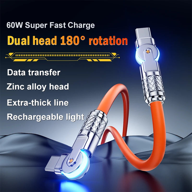 Câble USB-C double rotation pour Xiaomi Redmi Huawei 6A, chargeur rapide Type-C vers Type-C, cordon de jeu pour Macbook, fil en silicone