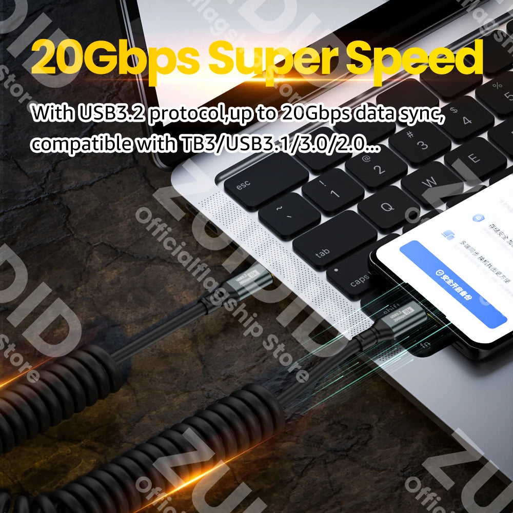 Federbelastetes PD100W USB 3.2 20Gbps Thunderbolt 3 Typ-C auf Typ-C Kabel für iPhone, 8K @ 60Hz und kompatibel mit iPhone 15 Pro Max, MacBook und Samsung.
