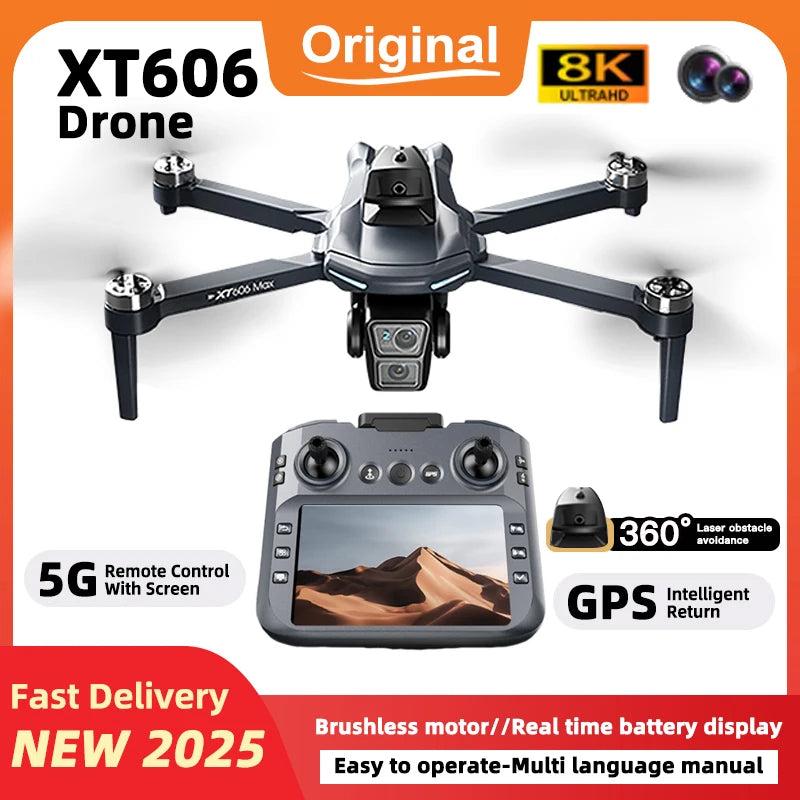XT606 GPS Drone 4K – Double caméra, cardan 3 axes PTZ, évitement d’obstacles, portée 3 km