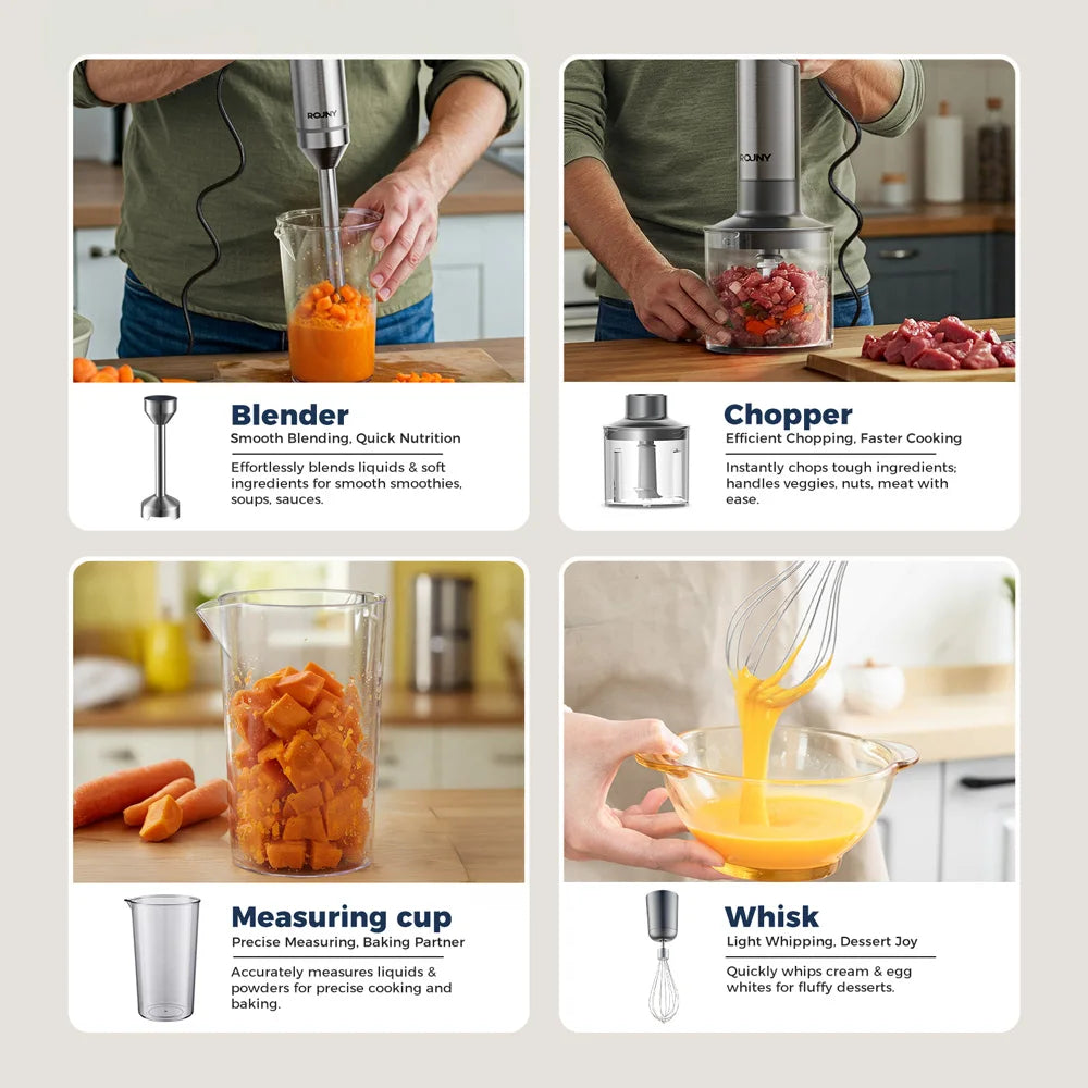 Mixeur Mélangeur à Immersion Manuel Puissant 4 en 1 – Acier Inoxydable 304, Bécher 700 ml, Processeur 500 ml, Fouet – Marque ROUNY