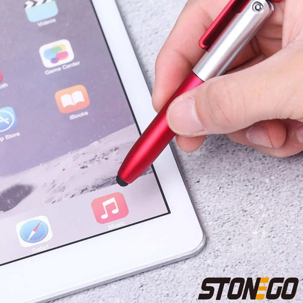 Stylo Bille 4-en-1 Pliable avec Stylet Tactile STONEGO, Lampe LED et Support pour Smartphone/Tablette