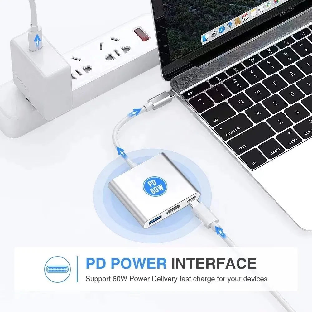Hub USB C 3 en 1, alimentation 100W, USB 3.0 4K, compatible HDMI pour MacBook Surface Chrome Steam Deck, adaptateur USB 3.0 Stable