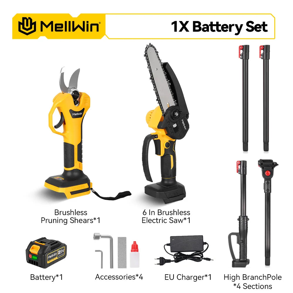 Poteau télescopique et ciseaux de tronçonneuse électrique MELLWIN – Outil de taille de jardin 18–21V avec broche Makita
