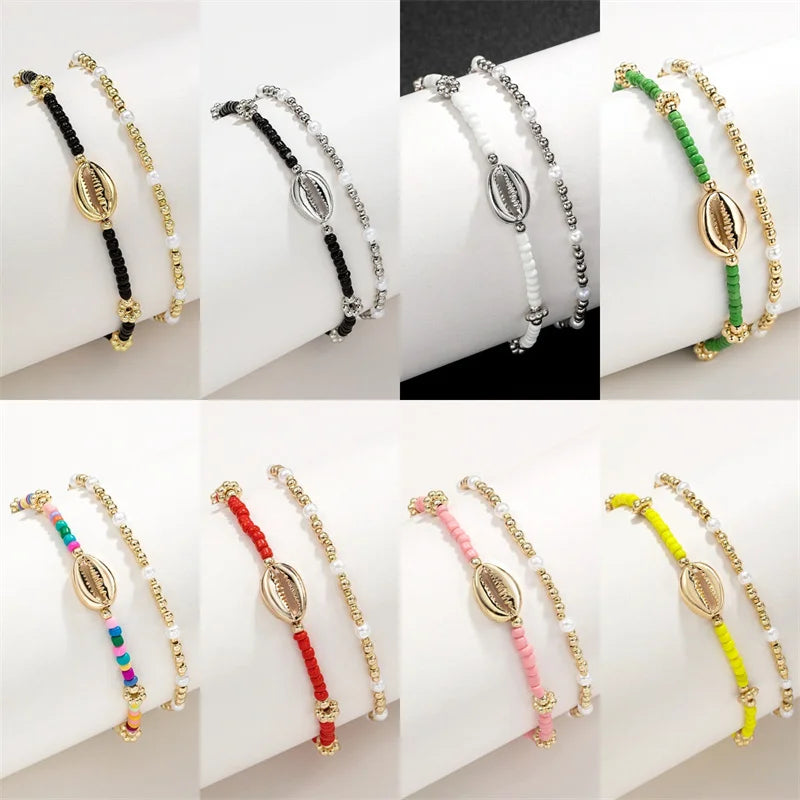 Bracelet de cheville coquillage double pont pour femme, bracelet de jambe multicolore, chaîne de batterie, bijoux fantaisie, perle, accessoires de plage d'été