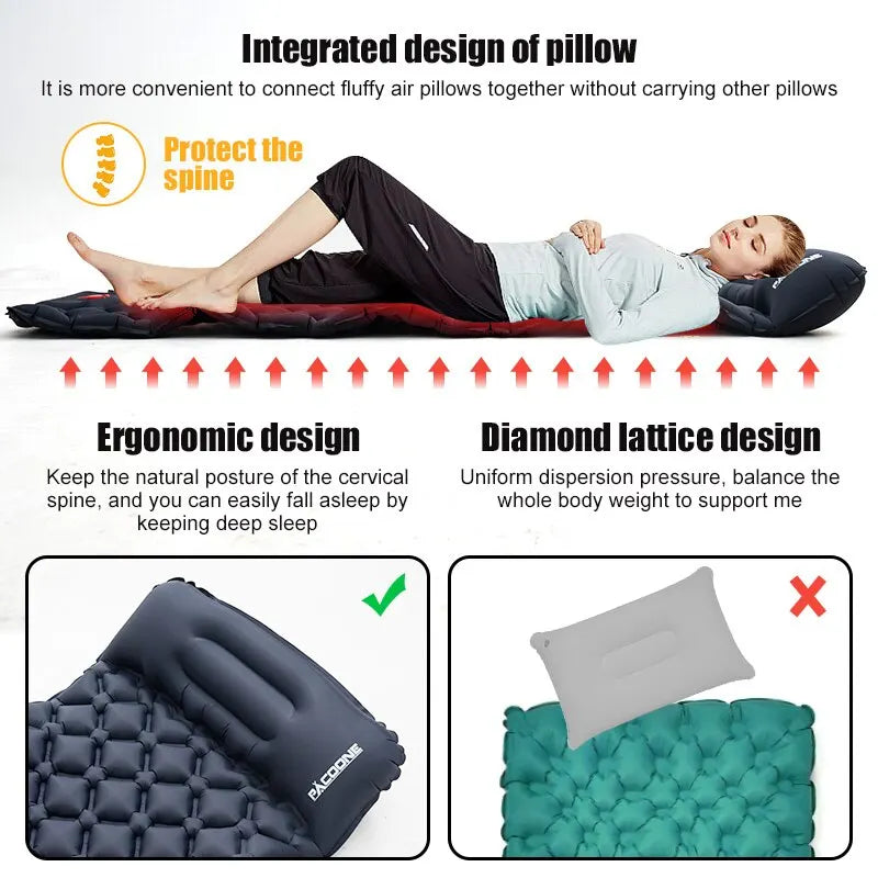 Matelas gonflable, Couchage Pad Avec Oreillers Ultra Léger, Air Mat Intégré Gonfleur Pompe Randonnée, Camping en plein air