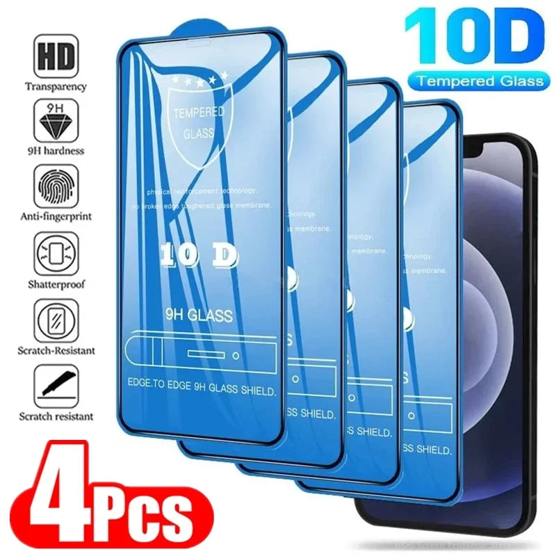 4 pièces 10D verre trempé pour iPhone 17 16 15 14 13 Pro Max Mini 7 8 Plus – Protecteur d’écran à couverture complète pour iPhone 13 à 17 Pro XS MAX