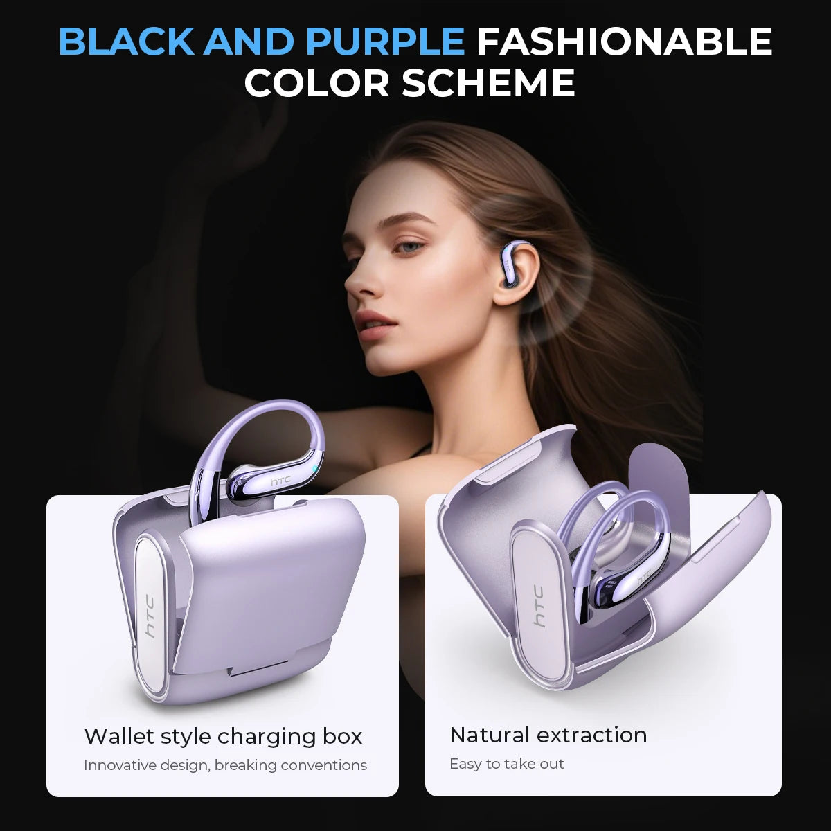 Écouteurs HTC NE23 Bluetooth V6.0 à oreille ouverte sans fil, traducteur IA, appels HD, élégants et fins