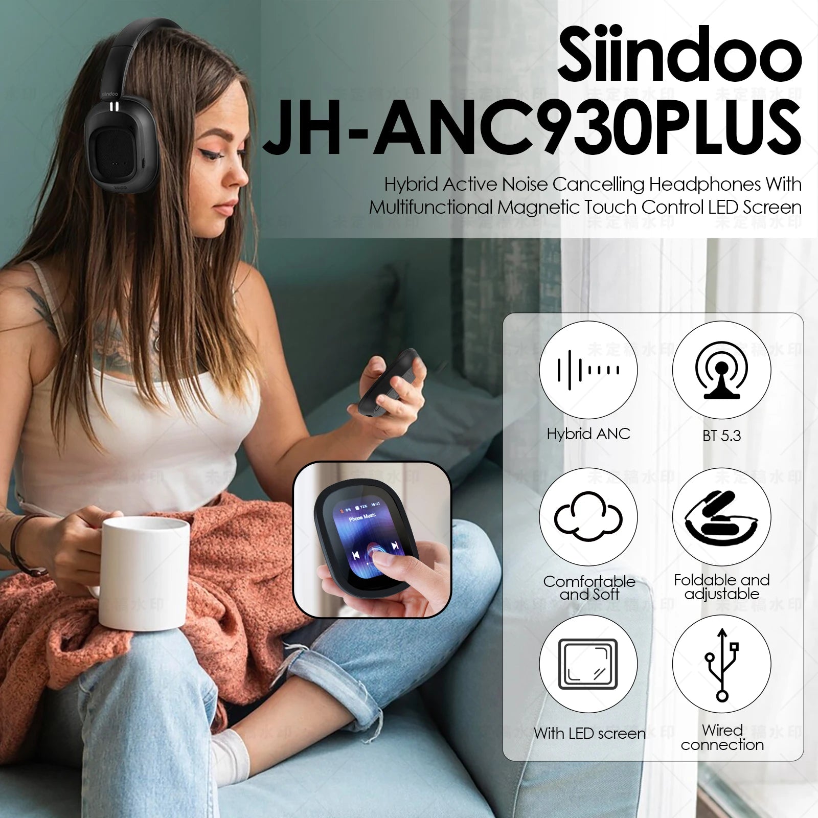 Siindoo JH-ANC930 Plus Hybrid Wireless Headphones, Active Noise Cancelling Headphones with Multi-Magnetic Touch Control LED Display