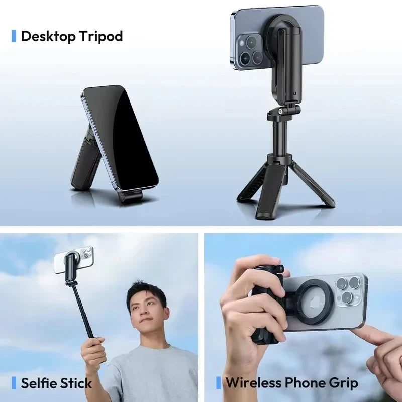 Trépied magnétique sans fil 4-en-1 – Perche à selfie, poignée, support de bureau pour iPhone & Samsung