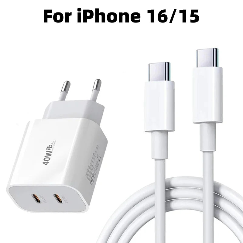 Chargeur PD 40W pour iPhone 16 / 15 / 14 / 13 / 12 / 11 Pro Max / Mini / 7 / 8 Plus / XR, avec câble Type-C charge rapide