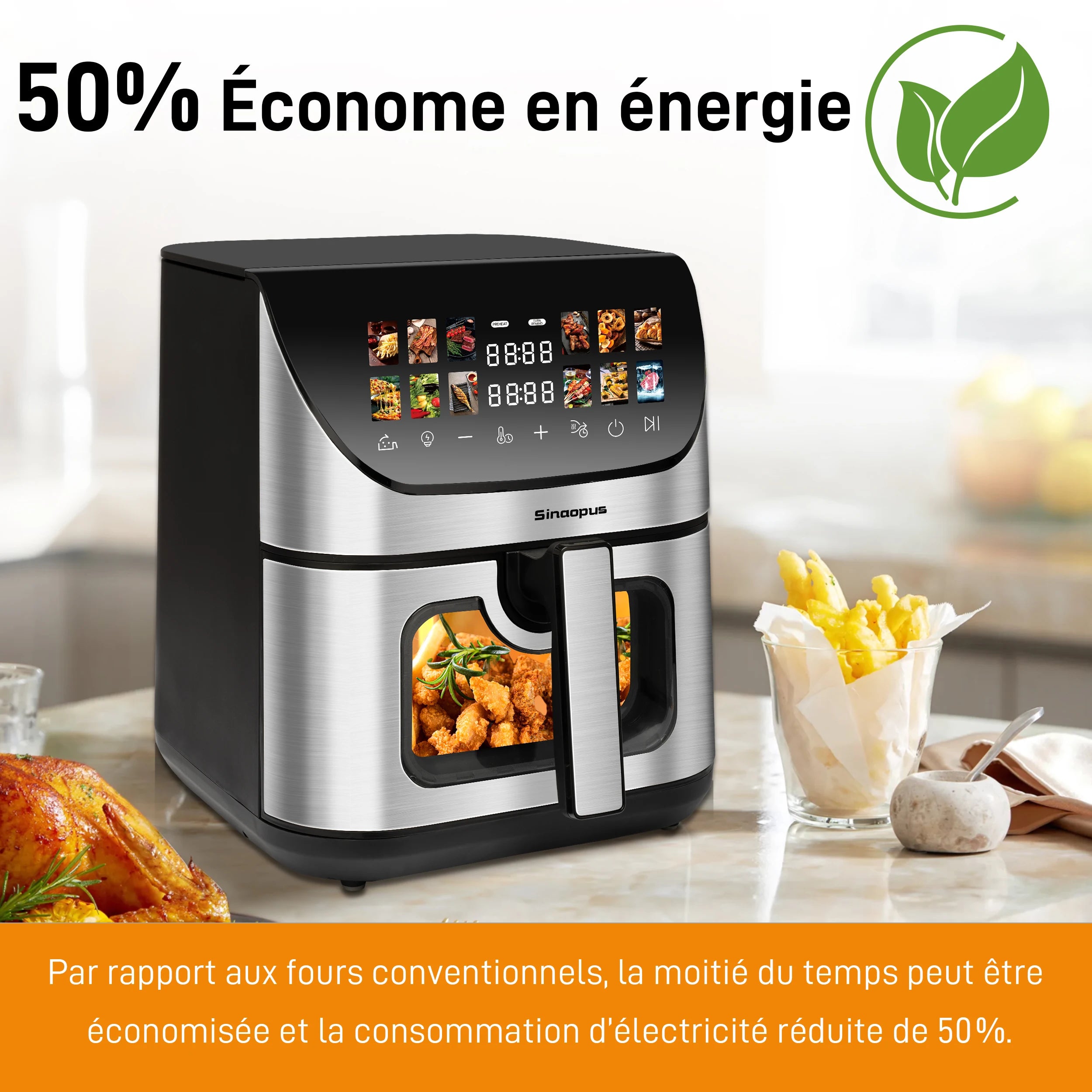 Friteuse à air multifonction Sinaopus 8,5 L – contrôle tactile LED, 12 programmes, fenêtre de visualisation