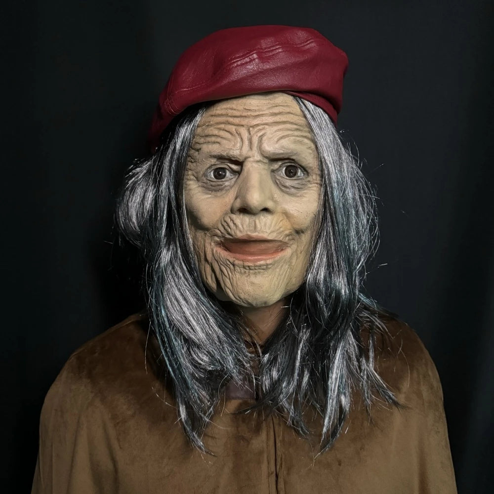 Masque d'Halloween effrayant en caoutchouc pour Grand-mère – Bouche Mobile, Vieille Femme / Sorcière, avec Perruque et Béret Rouge