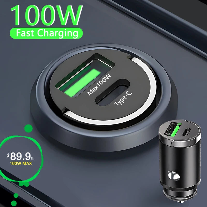Mini chargeur de voiture allume-cigare 100W, charge rapide pour iPhone QC3.0, mini PD USB Type C, chargeur de téléphone de voiture pour Xiaomi Samsung Huawei