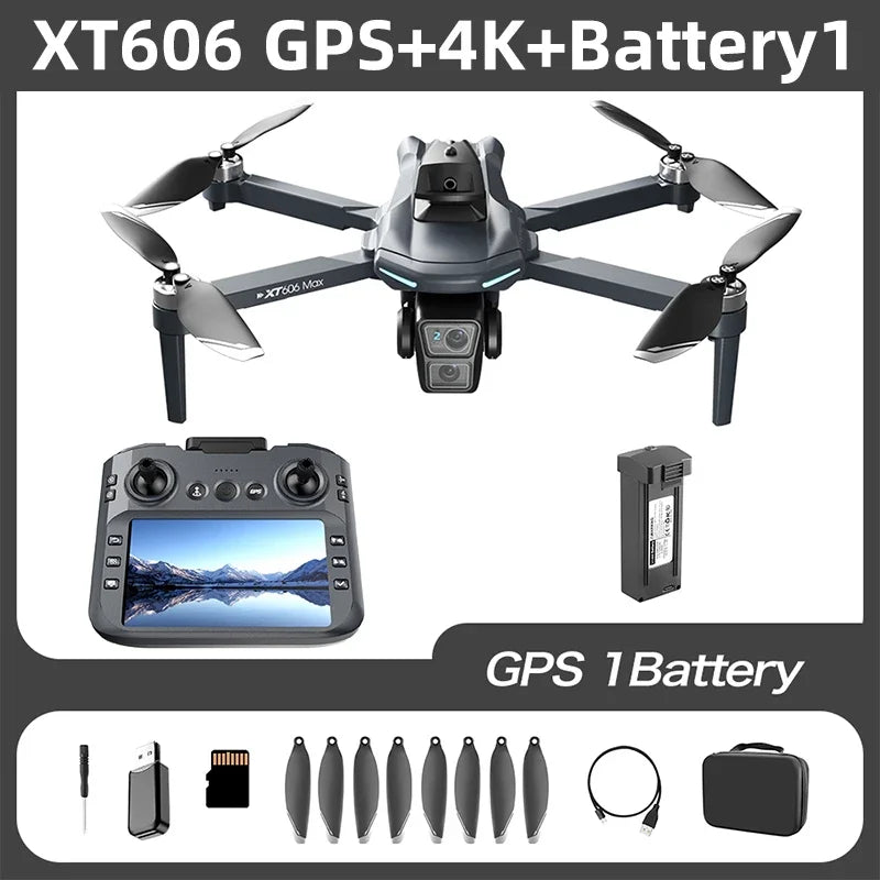 XT606 GPS Drone 4K – Double caméra, cardan 3 axes PTZ, évitement d’obstacles, portée 3 km