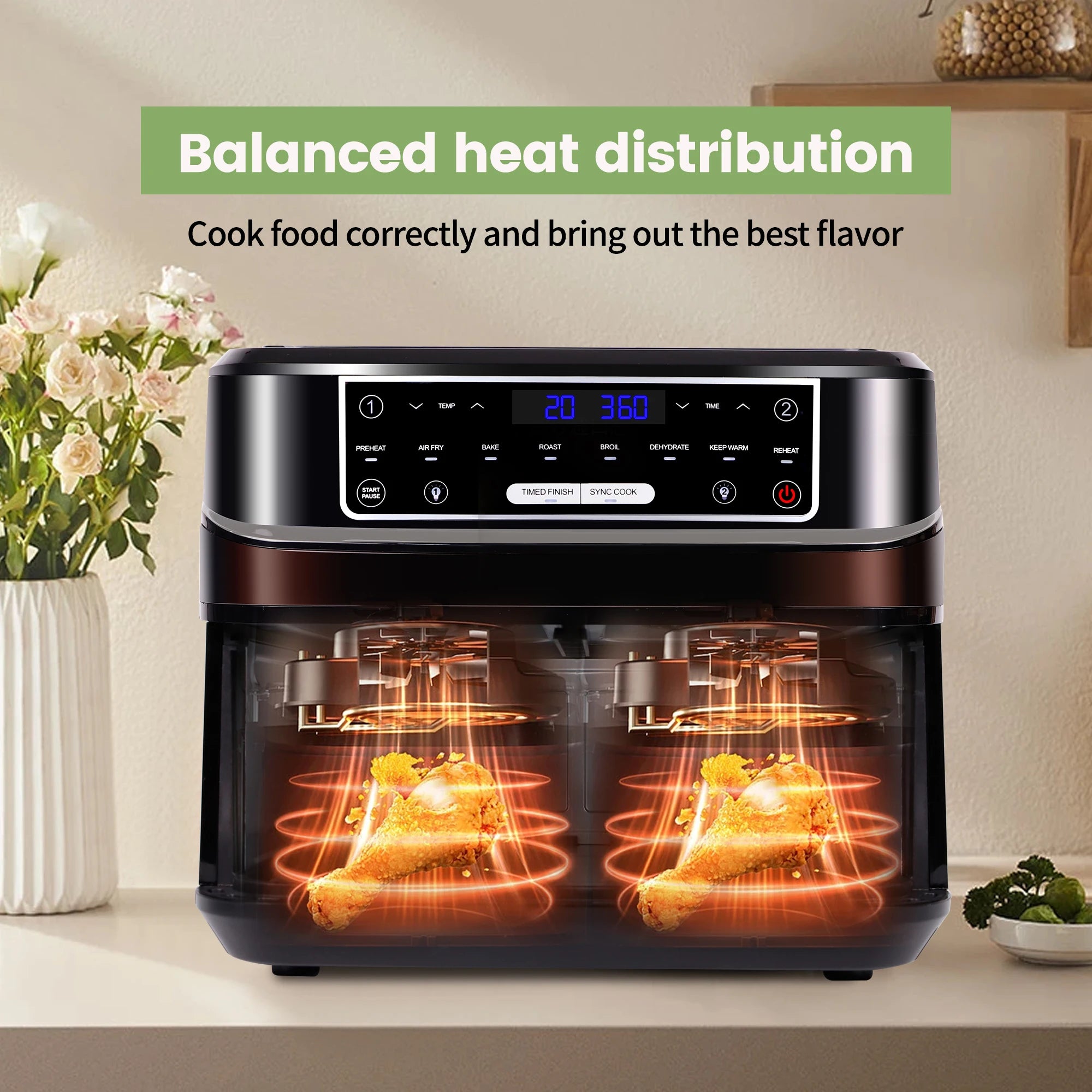 Air Fryer, Friteuse à air chaud 2 chambres avec fenêtre de visualisation, 10L Double tiroirs, Friteuse à air chaud avec écran tactile 8 programmes automatiques