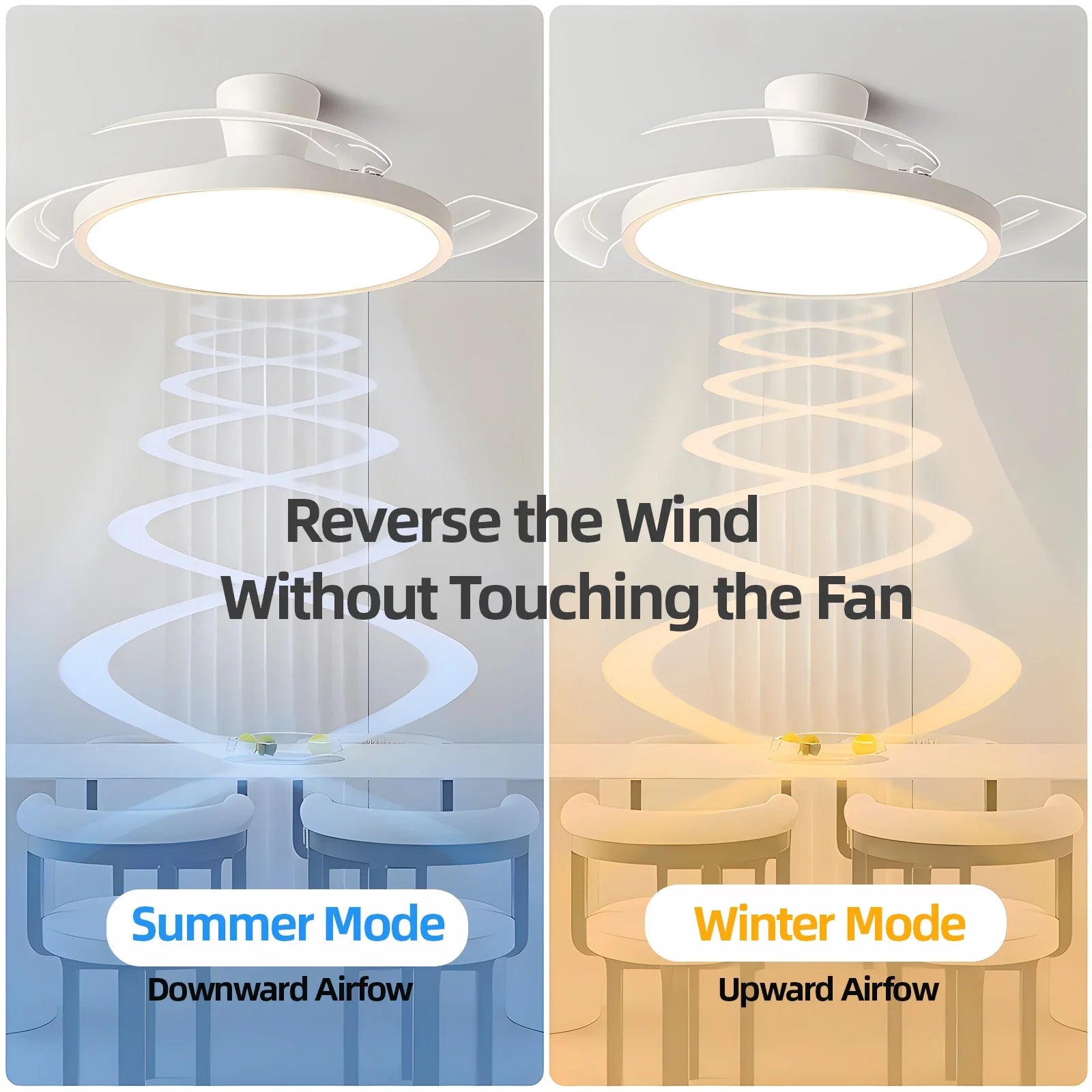 Ventilateur de plafond moderne à pales rétractables avec lumière, idéal pour salon, chambre ou appartement