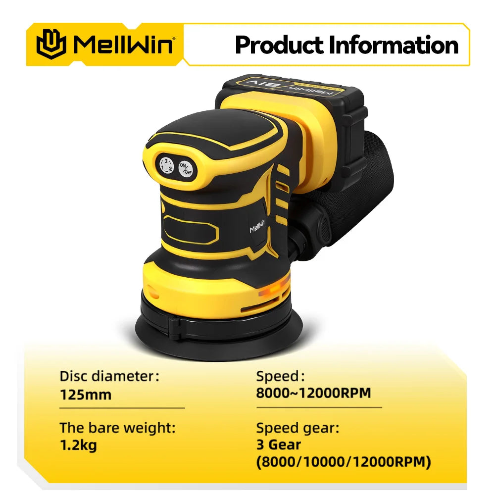 MELLWIN 125MM ponceuse orbitale électrique polisseuse 3 vitesses réglable bois métal ponçage outil de polissage pour Makita 18V batterie broche