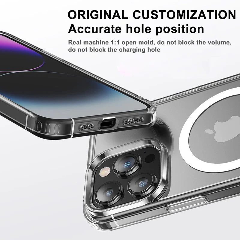 Étui magnétique transparent compatible MagSafe pour iPhone – Coque de protection et charge sans fil