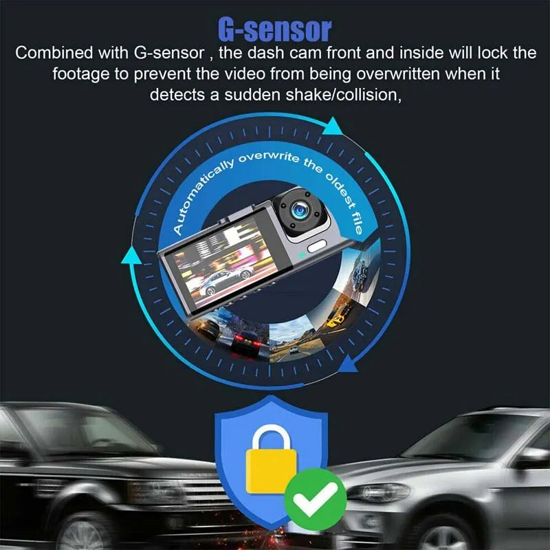 Dashcam Voiture 3 Caméras – HD, Vision Nocturne Simple, Écran 2", Enregistrement en Boucle