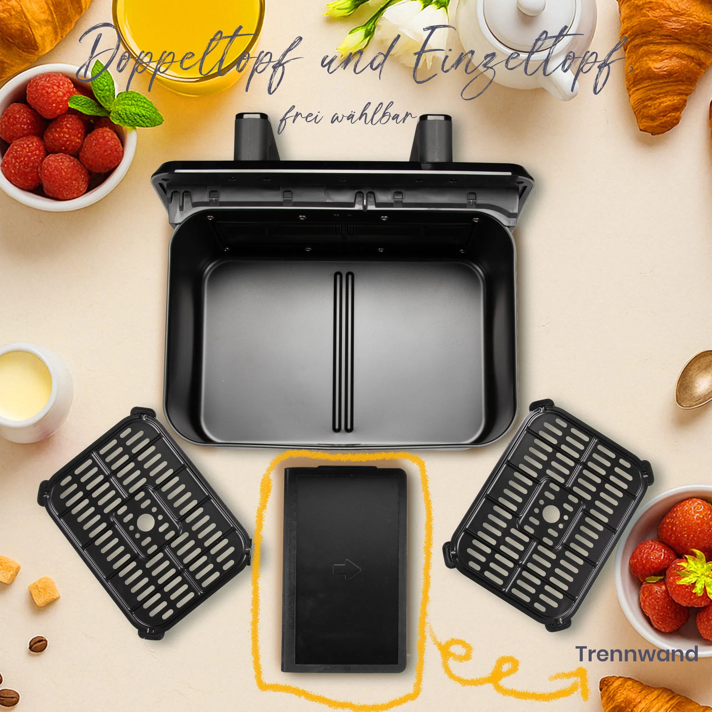 Air Fryer Friteuse à air chaud double panier Sinaopus 9 L – 2200 W, écran tactile LED, 10 programmes, mode double ou grande chambre