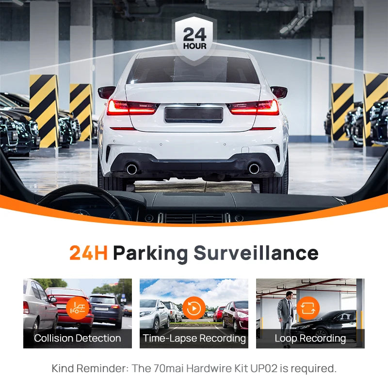 Caméra Dashcam de tableau de bord avec moniteur de stationnement 24h, DVR de voiture, WiFi, FOV 1080 °, 130 P, HDR, 2 écrans en effet IPS, A200, Global