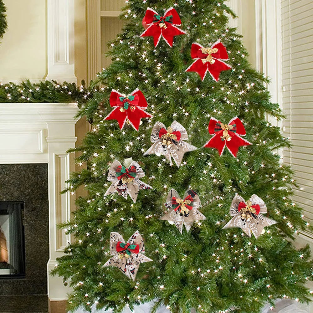 Noeud de ruban de lin vintage, décorations d'arbre de Noël, nœuds de cloche, décoration de boîte cadeau de fête à la maison, paquet de 4 pièces