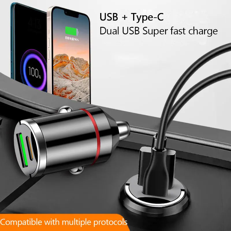 Chargeur de voiture mini USB 100 W à double port, charge ultra rapide, adaptateur de téléphone, prise allume-cigare 12-24 V