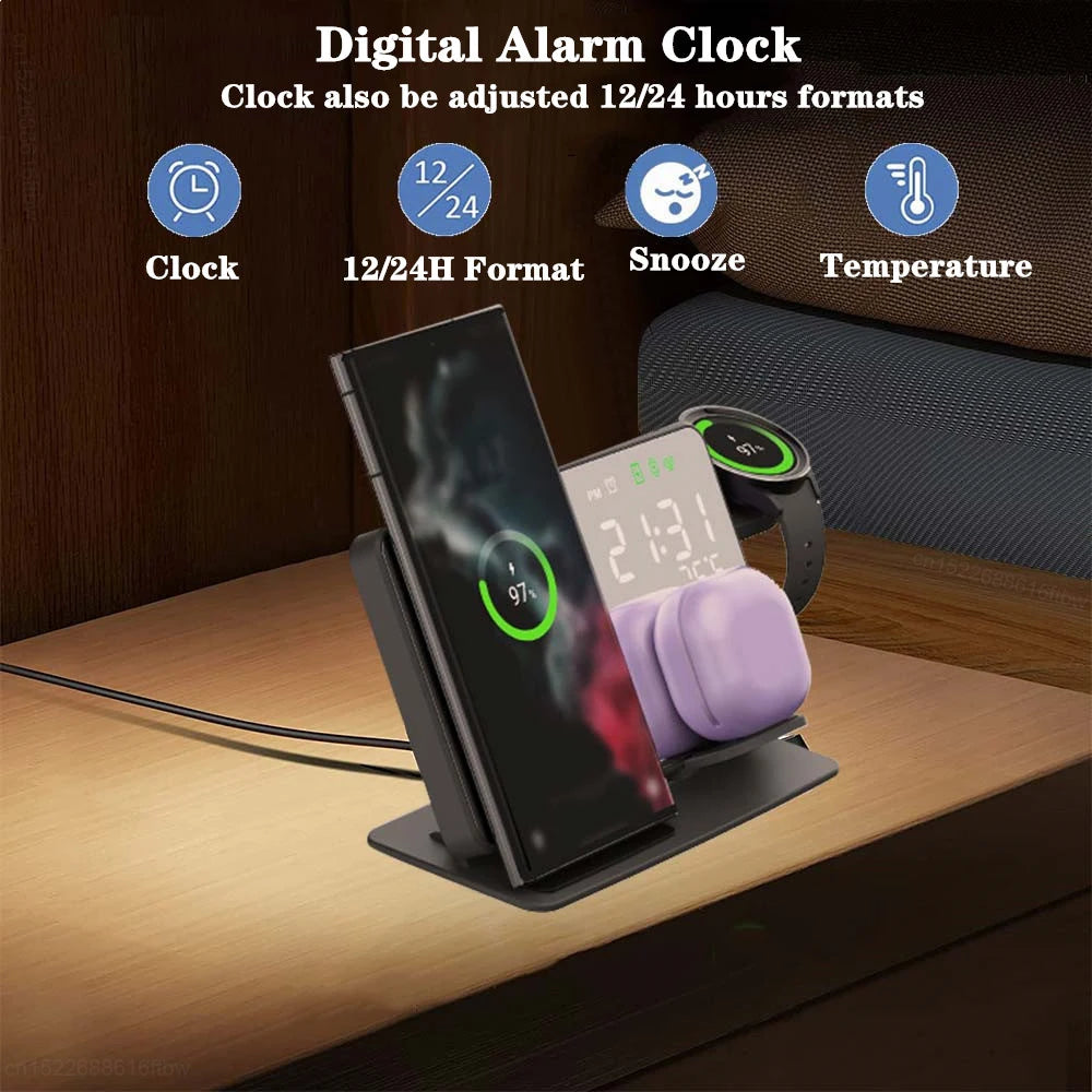 Chargeur sans fil 3 en 1 pour Samsung Galaxy Watch 6 5 Pro, station de charge rapide pour Galaxy S24 S23 S22, réveil, support de charge